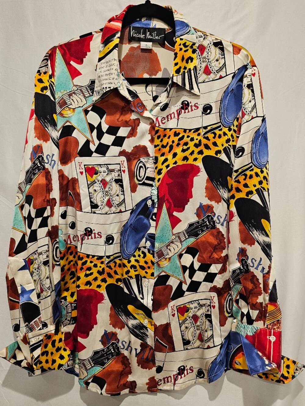 Vintage 90s Nicole Miller Silk Elvis Presley Print Blouse Shirt Size 8
